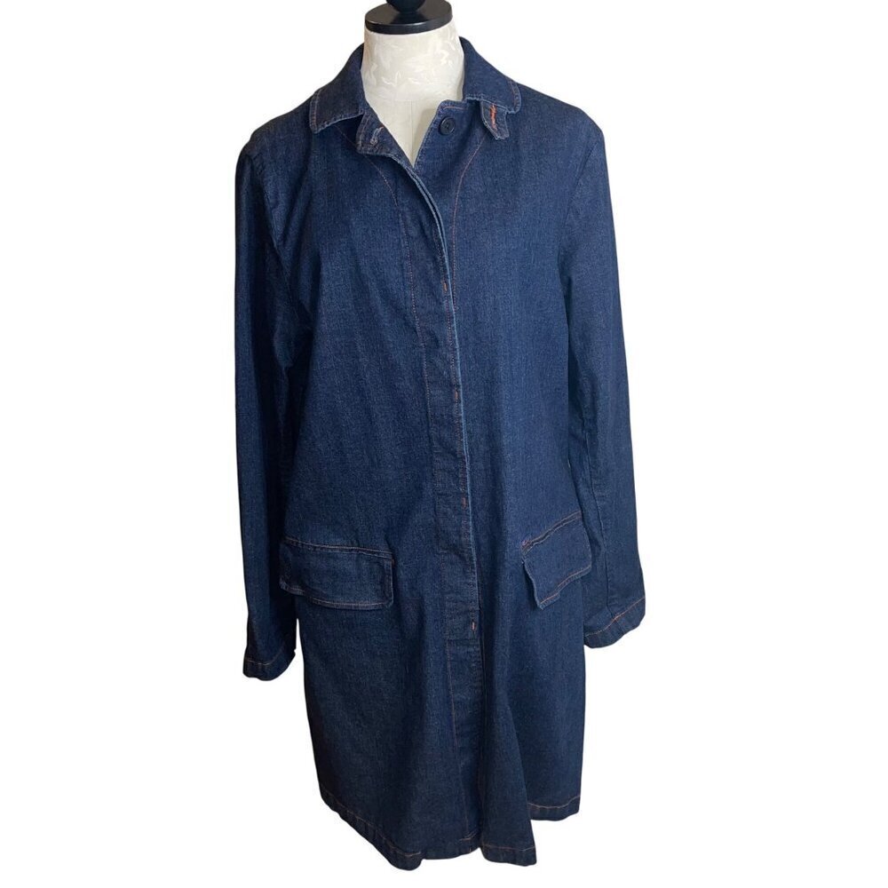 Faconnable Vintage Womens Coat Size Medium Blue Denim Trench Top Stitching